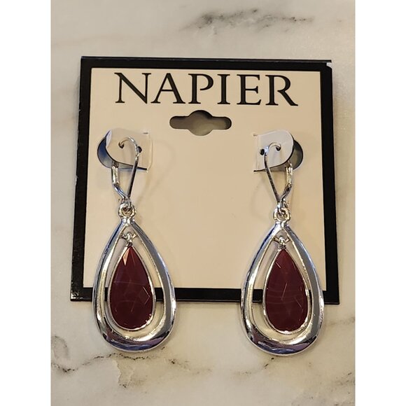 Napier Silver-Tone Tear Drop Earrings With Faceted Accents - Picture 1 of 5